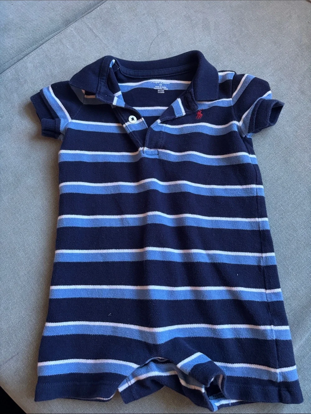 Ralph Lauren Navy, Light Blue & White Striped Polo Romper
